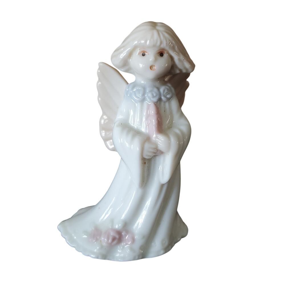 Vintage Russ Berrie Pastel Angel & Candle Porcelain Shelf Sitter 2.5" Roses 70's